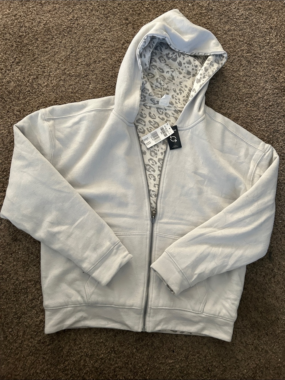 Light Gray men’s Zip Hoodie with Leopard-Print Lining